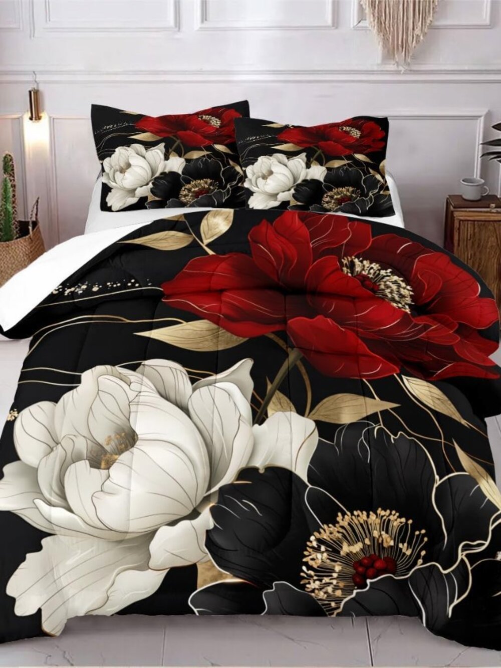 Vintage Floral Comforter Set King Size Red Black White Botanical Flower Bedding